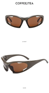Front and side views of Y2K wraparound sports sunglasses in coffee tea color