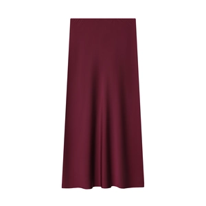 Elegant wine red satin midi skirt with a silky texture and elastic waist on white background