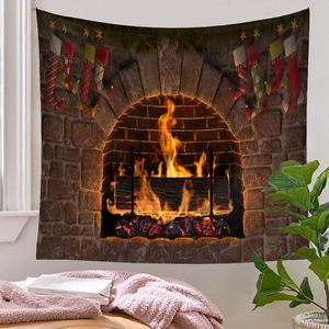Close-up detail of Christmas tapestry featuring a warm fireplace and hanging holiday socks