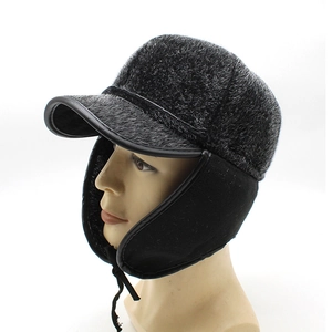 Mens winter flat top faux fur hat with thick ear flaps for outdoor warmth in grey black