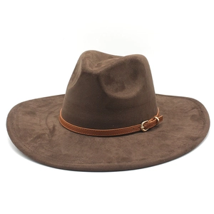 Classic dark brown wide brim suede fedora hat with elegant leather band and metal buckle