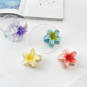 Close-up of vibrant gradient resin flower hair claws in purple blue yellow and pink