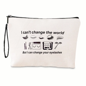 Detail of canvas makeup bag with eyelash quote and black zipper on white background