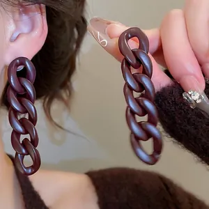 Silver needle acrylic link chain drop earrings in deep purple matte finish for women