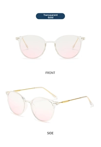 Detail view of transparent gold anti-blue light glasses with metal temples and pink gradient lenses