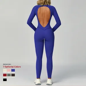 Royal blue backless yoga jumpsuit with long sleeves and tight fit for fitness women