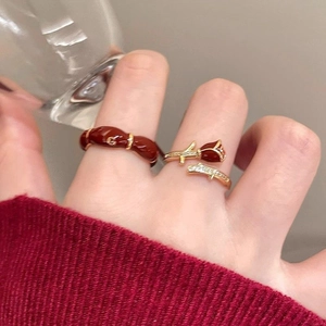 Vintage 14K gold plated oval open ring set with red enamel and crystal rose detail
