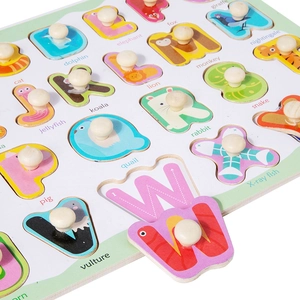 Educational wooden alphabet puzzle with knobs and animal illustrations on white background