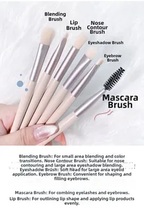 Detail of 6-piece mini makeup brush set with pink matte handles and soft white bristles