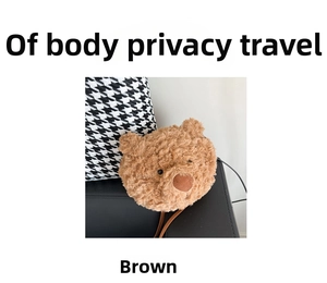 Detail shot of brown plush teddy bear head crossbody bag with 3D ears and cute eyes