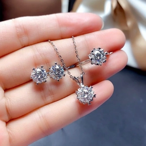 Close-up of sparkling four-piece jewelry set including necklace, ring, and stud earrings