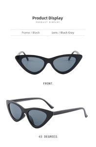 Front and 45-degree angle detail views of vintage black cat-eye sunglasses with dark grey lenses