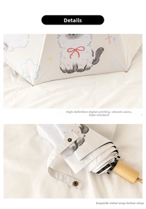 Macro detail of cute puppy digital print and metal snap button on folding umbrella