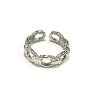 Detailed view of silver stainless steel chain link ring with adjustable open band design