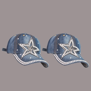 Navy blue denim baseball cap featuring sparkly rhinestone star pattern and wide brim