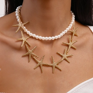 Layered Starfish Necklace With Faux Artificial Pearl And Alloy Pendants Elegant Vacation Style Choker For Women