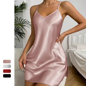 Women Sexy Satin Nightdress V Neck Satiny Chemise Spaghetti Strap Nightgown Side Slit Sleepwear Solid Color