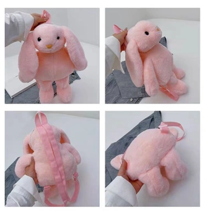 Multi-angle view of pink plush rabbit backpack with long ears and soft fabric straps