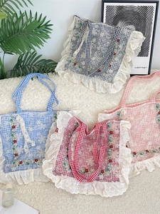 Gingham Shoulder Bag With Lace Ruffle And Flower Embroidery Polyester Tote For Women Sweet Floral Style
