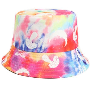 Rainbow tie-dye bucket hat with white mushroom and butterfly prints for outdoor sun protection