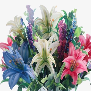 Close-up of 3D pop-up lily bouquet card with colorful blue and pink paper flowers