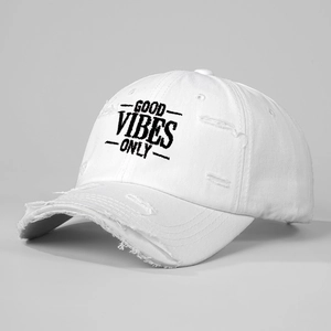 Distressed white baseball cap with GOOD VIBES ONLY embroidery and retro vintage ripped details