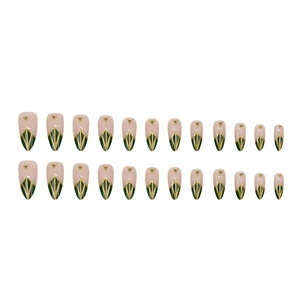 Olive green French almond press-on nails with golden geometric lines and 24-piece set