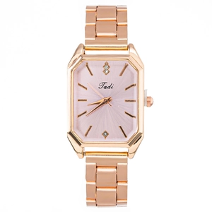 Women Quartz Watch Rectangular Octagonal Case Rose Gold Alloy Link Bracelet Rhinestone Markers Fashion Elegant Wristwatch