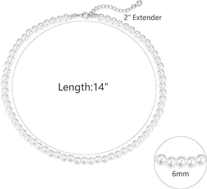 Detailed view of 6mm white pearl choker necklace with 14 inch chain and 2 inch extender