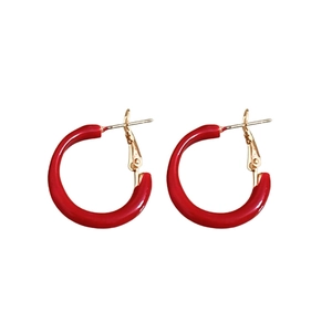 Minimalist red enamel geometric hoop earrings with silver pins and golden metal finish