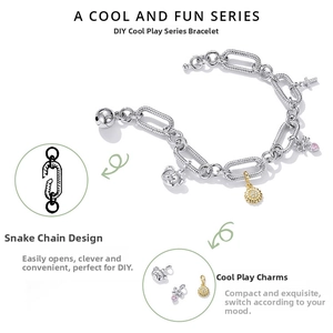 Detail view of silver snake chain bracelet with pink heart charms and DIY opening mechanism
