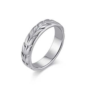 Elegant silver stainless steel ring featuring detailed laurel leaf engravings on a white base