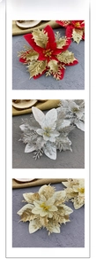 Glittery artificial poinsettia flowers in red, silver, and gold for Christmas decor