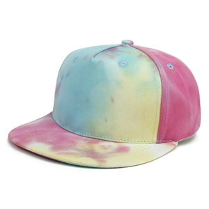 Close-up of pastel pink and blue tie-dye pattern on flat brim kids baseball cap