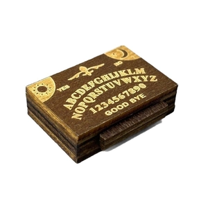 Miniature dark wood spirit board drawer box with mystical sun and moon carvings