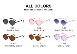Grid display of six geometric diamond sunglasses in various colors with high-definition lenses