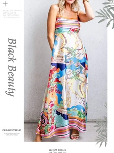Detail of tropical map print on silk-like summer maxi dress with vibrant Australia motifs