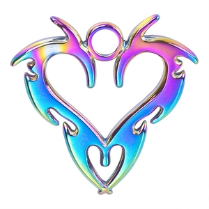 Detailed view of rainbow-plated heart pendant with tribal flame pattern in stainless steel
