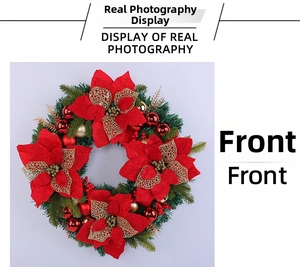 Front view detail of large red Christmas wreath with poinsettias and festive ornaments