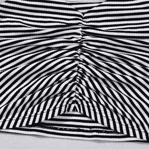 Detailed view of the black and white striped knit texture and center ruched drawstring design
