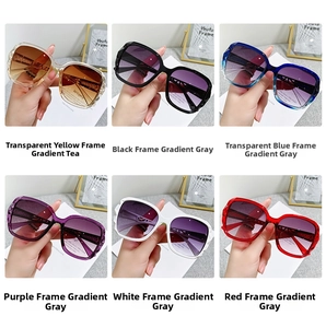 Detail view of 6-color gradient lens oversized sunglasses with geometric frames