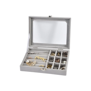 Velvet jewelry organizer box with clear glass lid and metal lock for rings and earrings