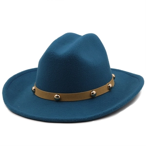 Wide Brim Fedora Hat Woolen Felt Jazz Cap With Rivet Belt Retro Western Style For Men Women