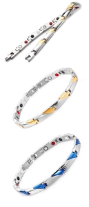 Detailed close-up of men's stainless steel magnetic bracelet in silver, gold, and blue