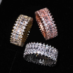 Luxury wide band zircon rings set in gold, rose gold and silver finishes with full pave stones
