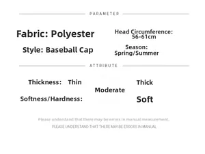 Détails de la casquette de baseball en polyester montrant la taille de 56 à 61 cm