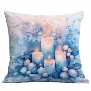 Blue Christmas throw pillow cover with winter candle and leaf illustration on white background