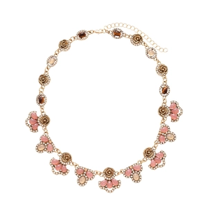 Vintage gold necklace with pink teardrop stones and brown tiger eye flower design