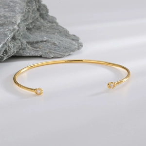 Minimalist 14K gold plated S925 silver open adjustable bangle with sparkling zircon stones