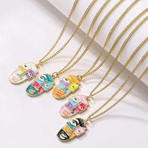 Five 18K gold plated necklaces featuring colorful enamel abstract face pendants and zircons